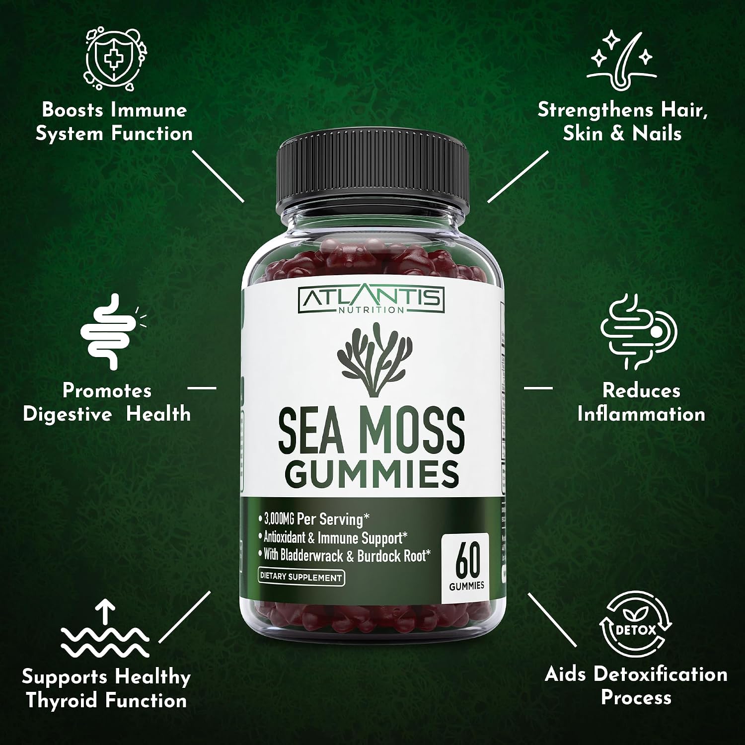 Irish Sea Moss Gummies - 3000mg - Sea Moss, Bladderwrack & Burdock Root - Antioxidant Superfood Supplement, 60 Gummies - görsel 4