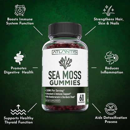 Irish Sea Moss Gummies - 3000mg - Sea Moss, Bladderwrack & Burdock Root - Antioxidant Superfood Supplement, 60 Gummies