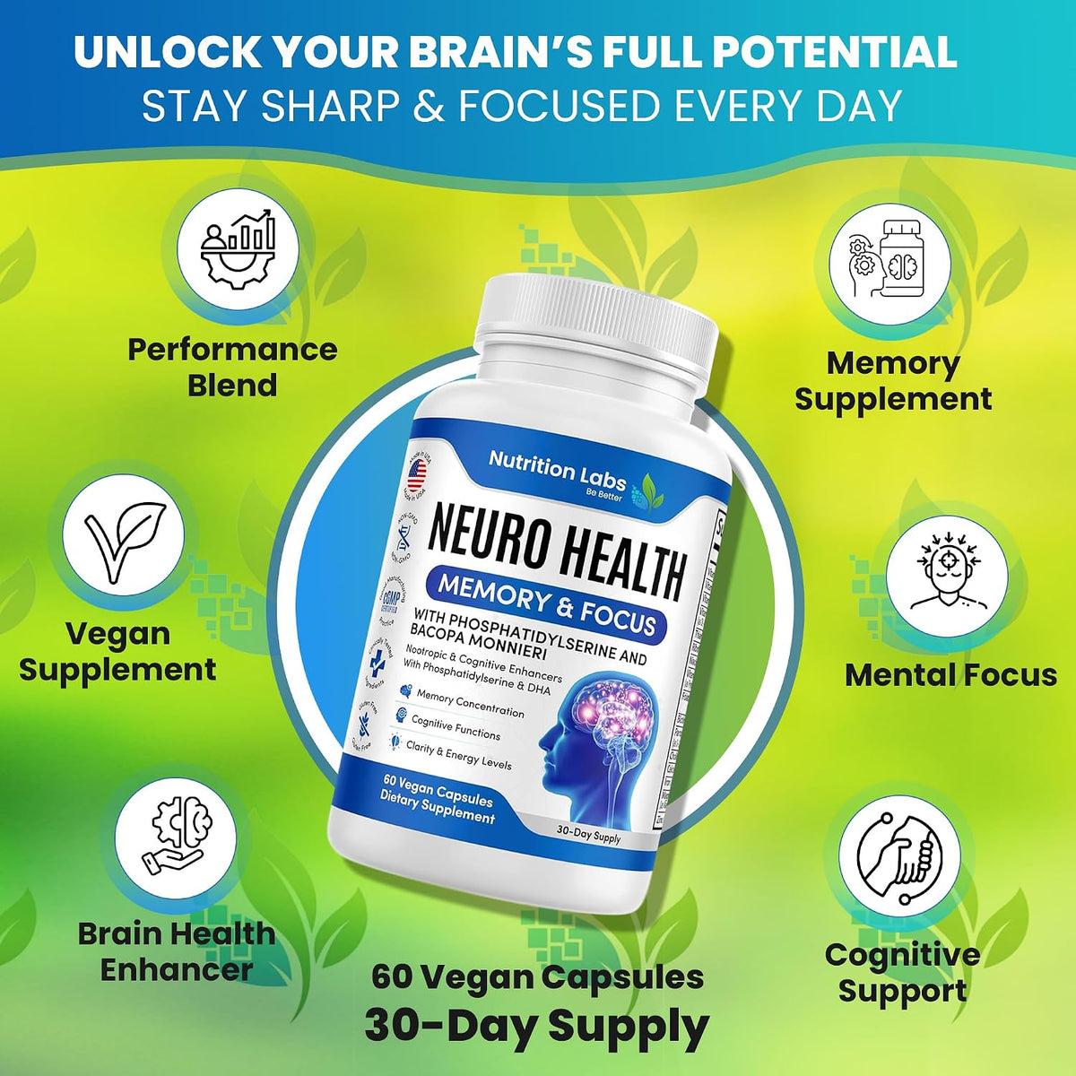 NUTRITION LABS BE BETTER Nootropic Brain Supplement - Memory & Focus Support with Bacopa Monnieri and B Vitamins - görsel 3