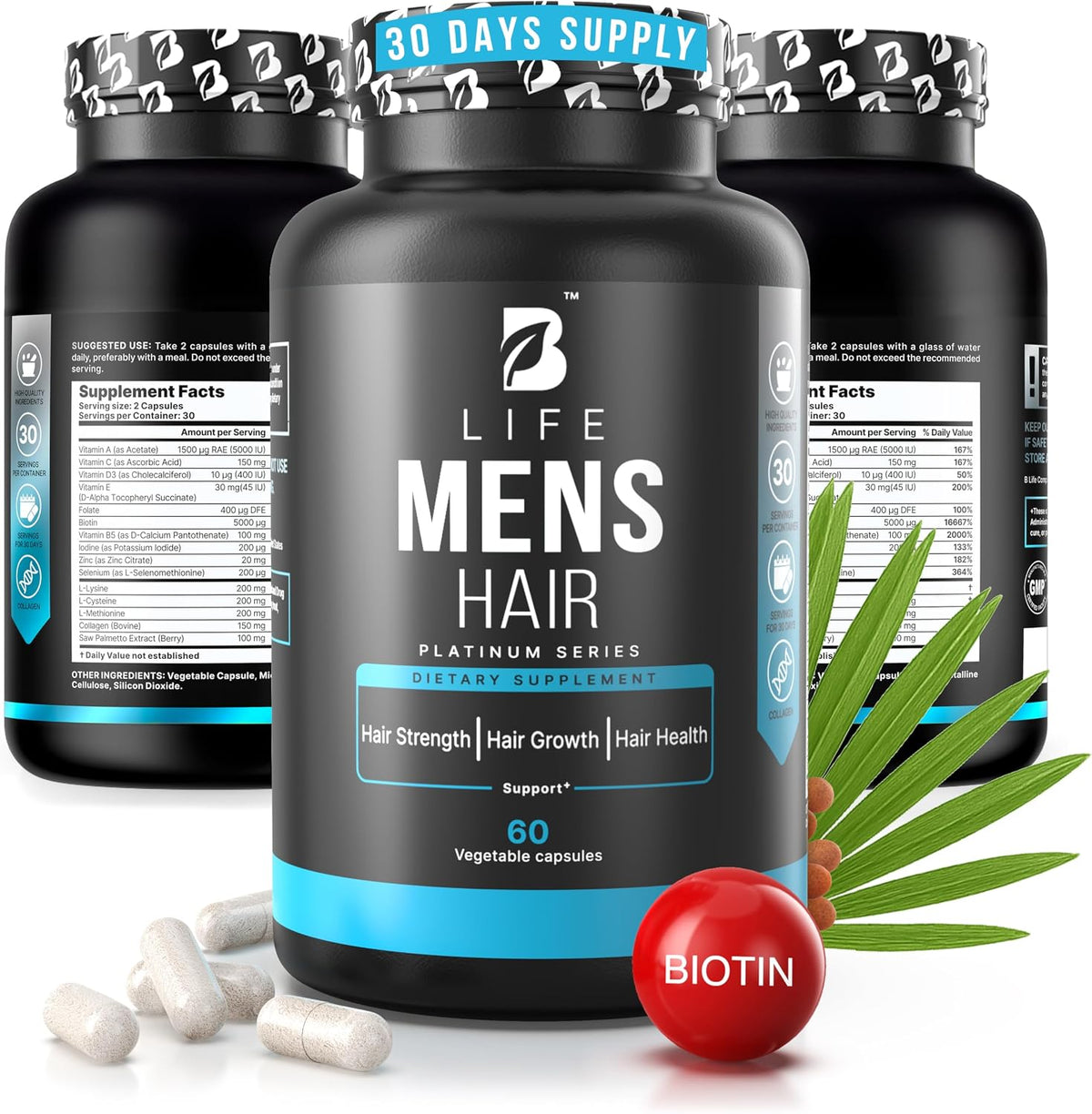 B Life Company Men's Hair Growth Food Supplement with Biotin & Collagen - 240 Capsules - görsel 6