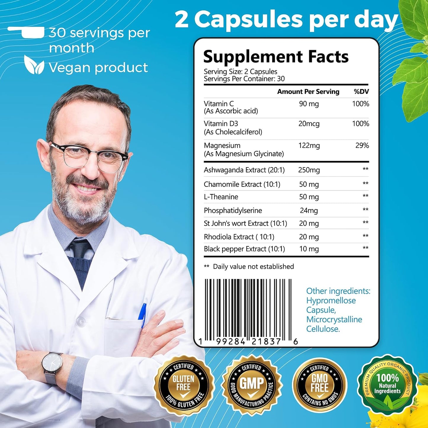 Welldiet 10-in-1 Cortisol Supplement with Magnesium, Ashwagandha, Chamomile, L-Theanine, St. John's Wort, Rhodiola - 60 Capsules - görsel 5