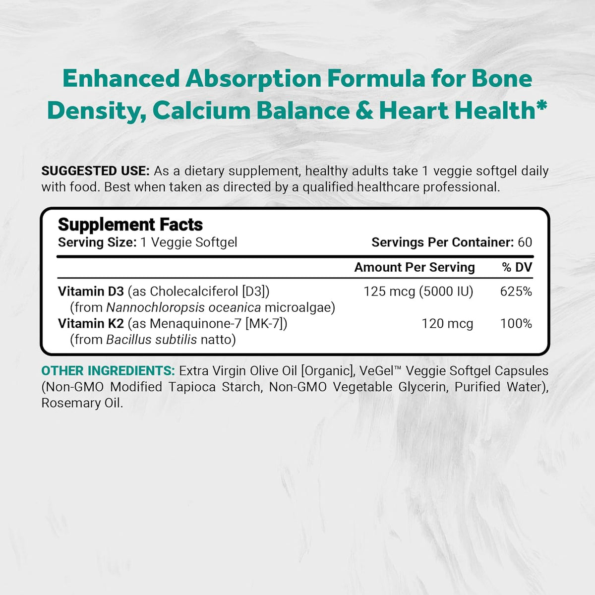 Naturalis Vegan Vitamin D3+K2 from Algae | 5000 IU D3 with 120mcg MK7 | Vegan Society Certified | 60 Softgels - görsel 2