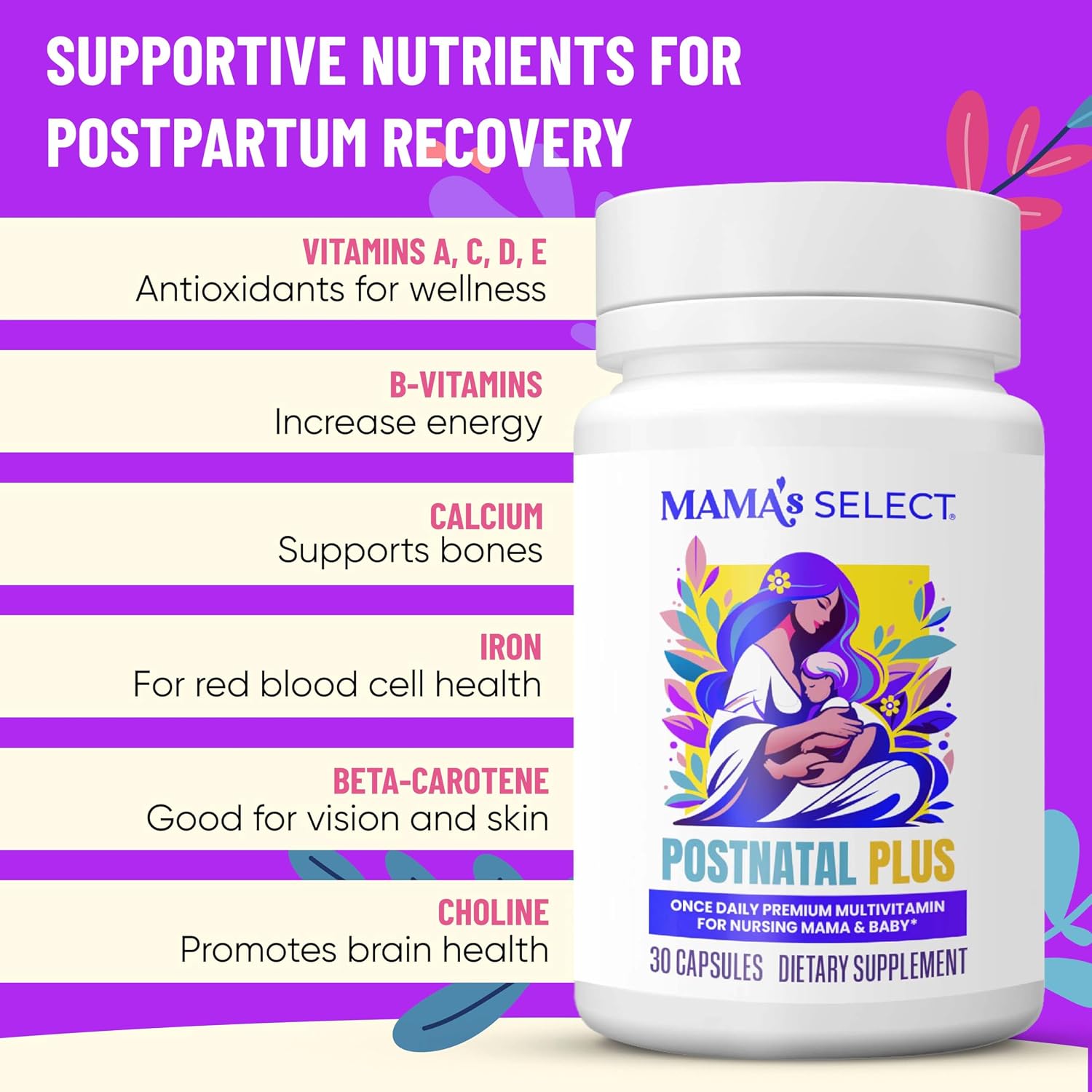 Mama's Select Postnatal Vitamins for Women – Postnatal Multivitamin for Recovery, Energy, Hair & Milk Supply – MTHFR-Friendly Methylated Folate, No Biotin, Vegan – 30 Capsules - görsel 4