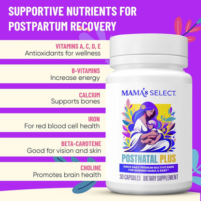 Mama's Select Postnatal Vitamins for Women – Postnatal Multivitamin for Recovery, Energy, Hair & Milk Supply – MTHFR-Friendly Methylated Folate, No Biotin, Vegan – 30 Capsules