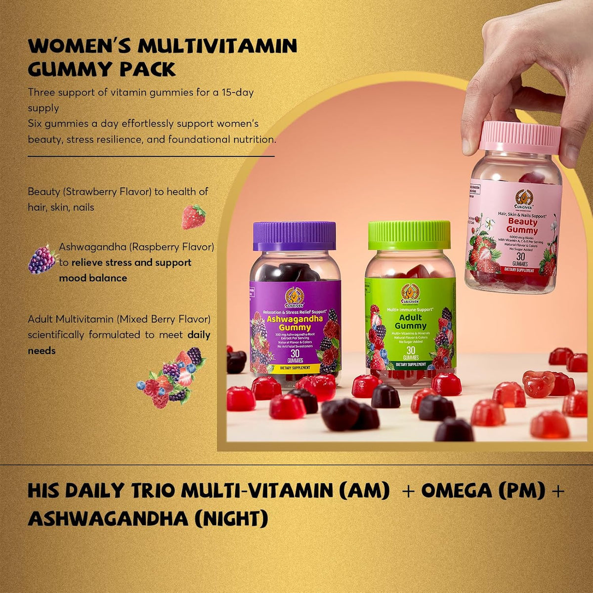 SUNGIVEN Women's Multivitamin Gummy Pack – 3-Step Support for Hair & Skin with KSM-66 Ashwagandha, Berry Flavour, 90 Gummies (15-Day Supply) - görsel 2