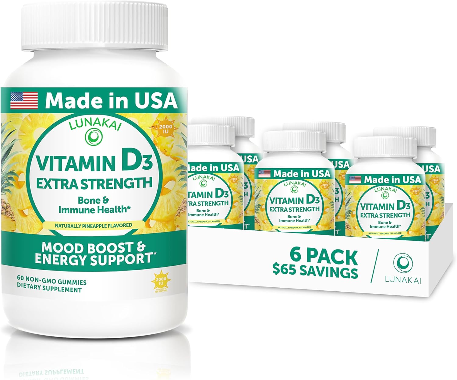 Lunakai Vitamin D3 Gummies 2000 IU – Made in the USA – Non-GM, Gluten-Free – Bone, Immune & Muscle Support – 60 Gummies (Pack of 6) - görsel 1
