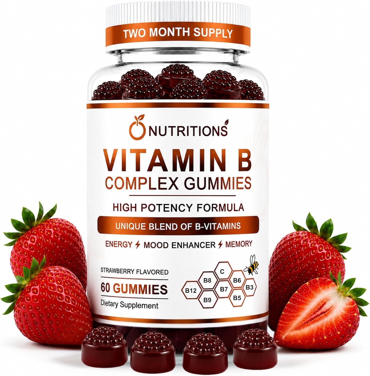 O Nutritions Vitamin B Complex Gummies for Women and Men - B12, Biotin, Folate, Vitamin C - Energy, Mood and Memory Support - Hair, Skin and Nails - Vegan Strawberry Gummies, 60 Count - görsel 1