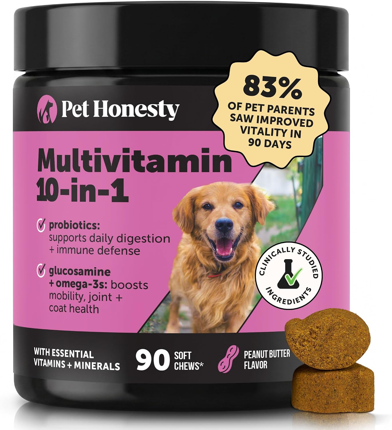 10-in-1 Dog Multivitamin Supplement with Glucosamine & Probiotics – Hip & Joint Support, Digestive Health, Immune Support – Peanut Butter Flavour, 90 Chews - görsel 1
