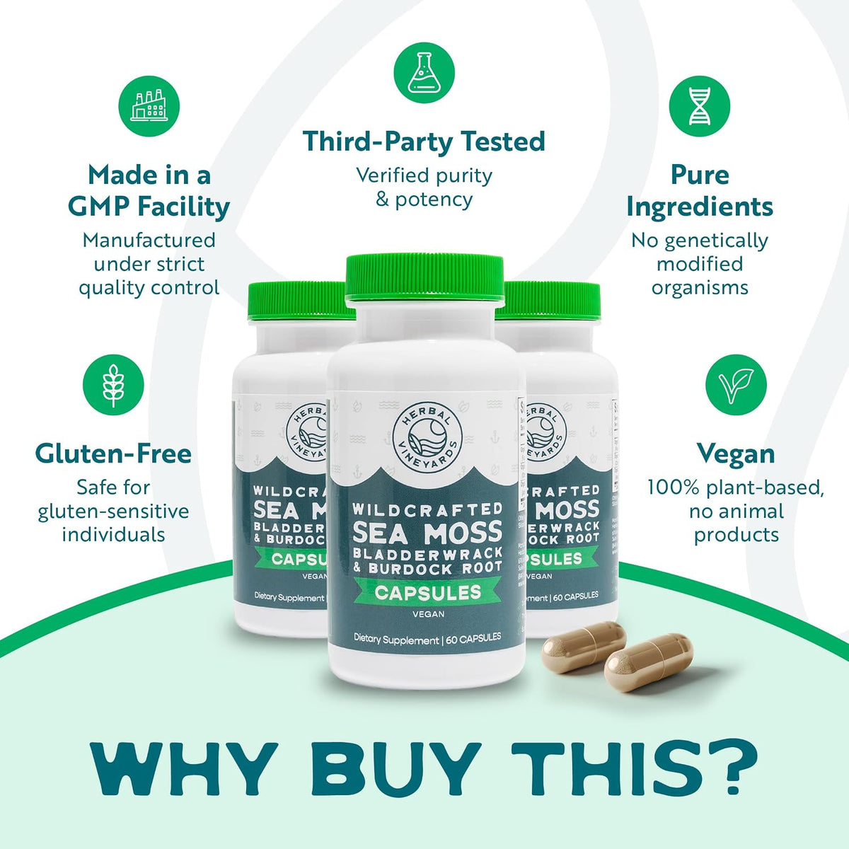 Herbal Vineyards Organic Wildcrafted Vegetable Capsules - Irish Sea Moss, Bladderwrack, and Burdock Root - 1500mg, 60 Capsules - görsel 3