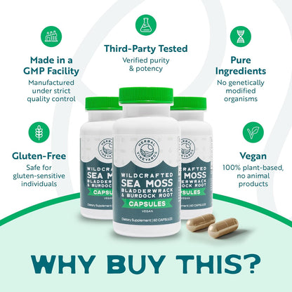 Herbal Vineyards Organic Wildcrafted Vegetable Capsules - Irish Sea Moss, Bladderwrack, and Burdock Root - 1500mg, 60 Capsules