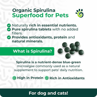 SPIRU PAW Spirulina Tablets for Dogs & Cats, Plant-based Microalgae Pet Supplement, Easy Daily Tablet, Supports Daily Wellness & Skin & Coat, 60 Count