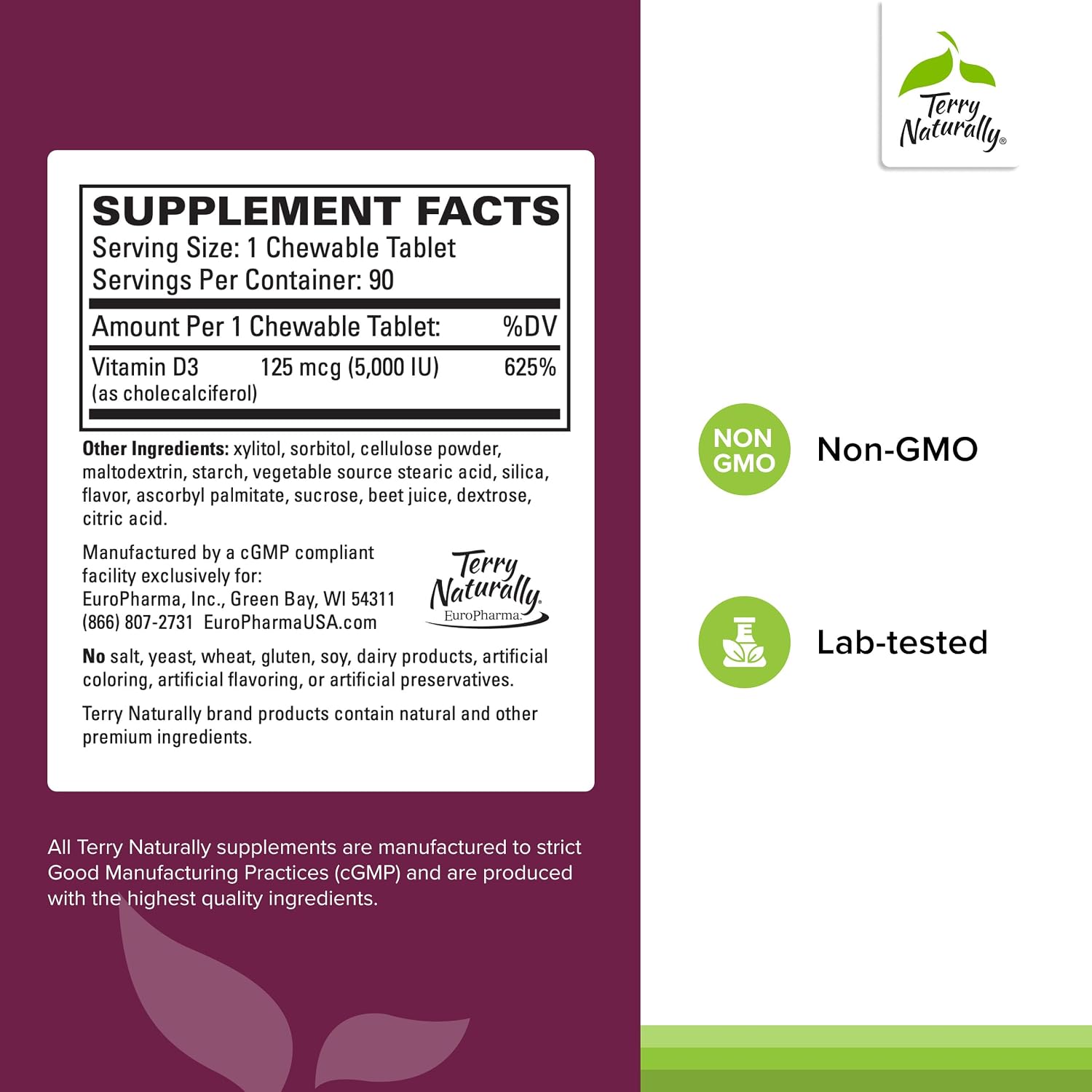 Terry Naturally Vitamin D3 - 125 mcg (5000 IU) Cholecalciferol Chewable Tablets - 90 Tablets - görsel 2