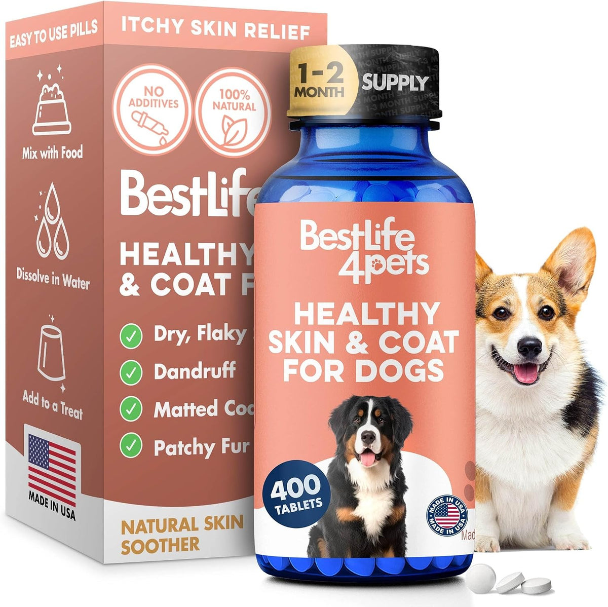 Natural Dog Skin and Coat Supplement – Gentle Itch Relief & Shedding Support – 400 Tiny Odourless Pills - görsel 1