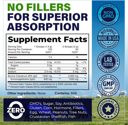 Bovine Colostrum Powder Supplement – 3000mg, 40% IgG, Grass Fed, Unflavoured (60 Servings)