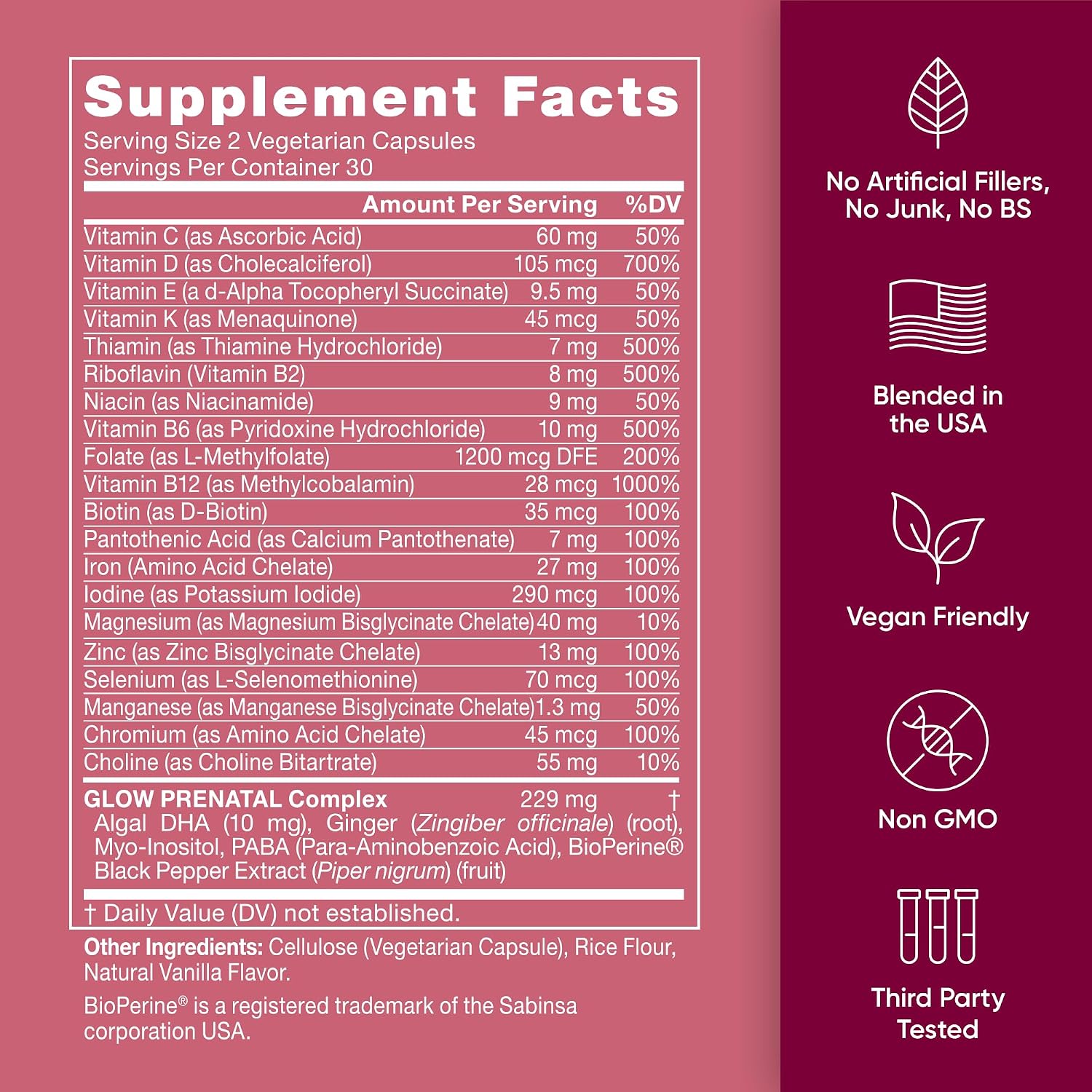 Eu Natural Glow Prenatal Vitamins for Women - 20-in-1 Prenatal Multivitamin with Folate & Vegan DHA - Supports Healthy Pregnancy, Foetal Development & Mum’s Comfort - 120 Vegetarian Capsules - görsel 6