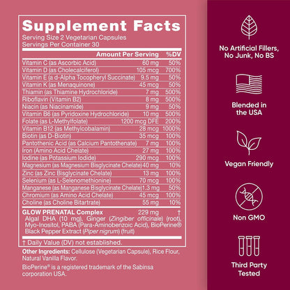 Eu Natural Glow Prenatal Vitamins for Women - 20-in-1 Prenatal Multivitamin with Folate & Vegan DHA - Supports Healthy Pregnancy, Foetal Development & Mum’s Comfort - 120 Vegetarian Capsules