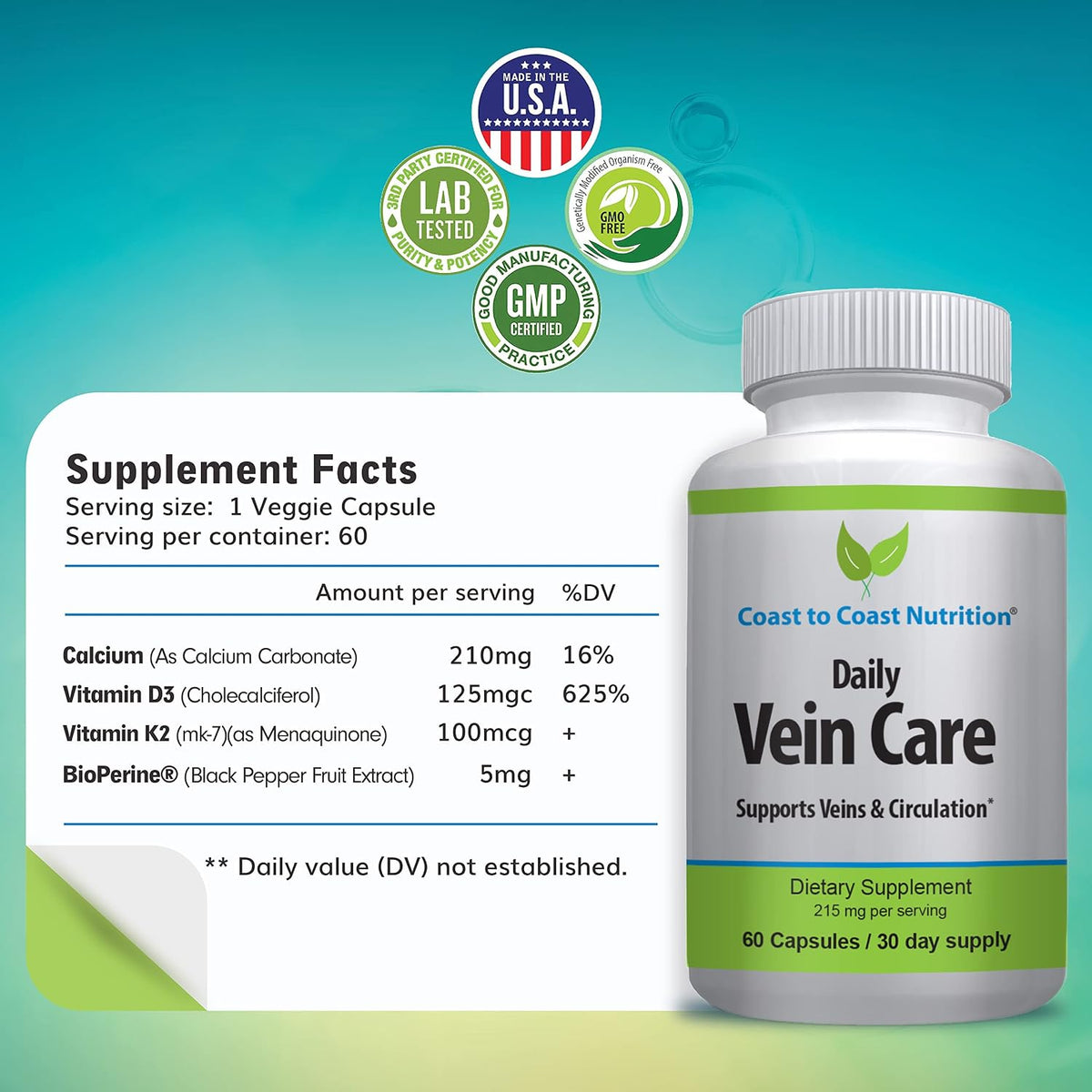 Daily Vein Care Supplement — Circulation Formula with Calcium, Vitamin D3, Vitamin K2 & BioPerine (60 Capsules) - görsel 6