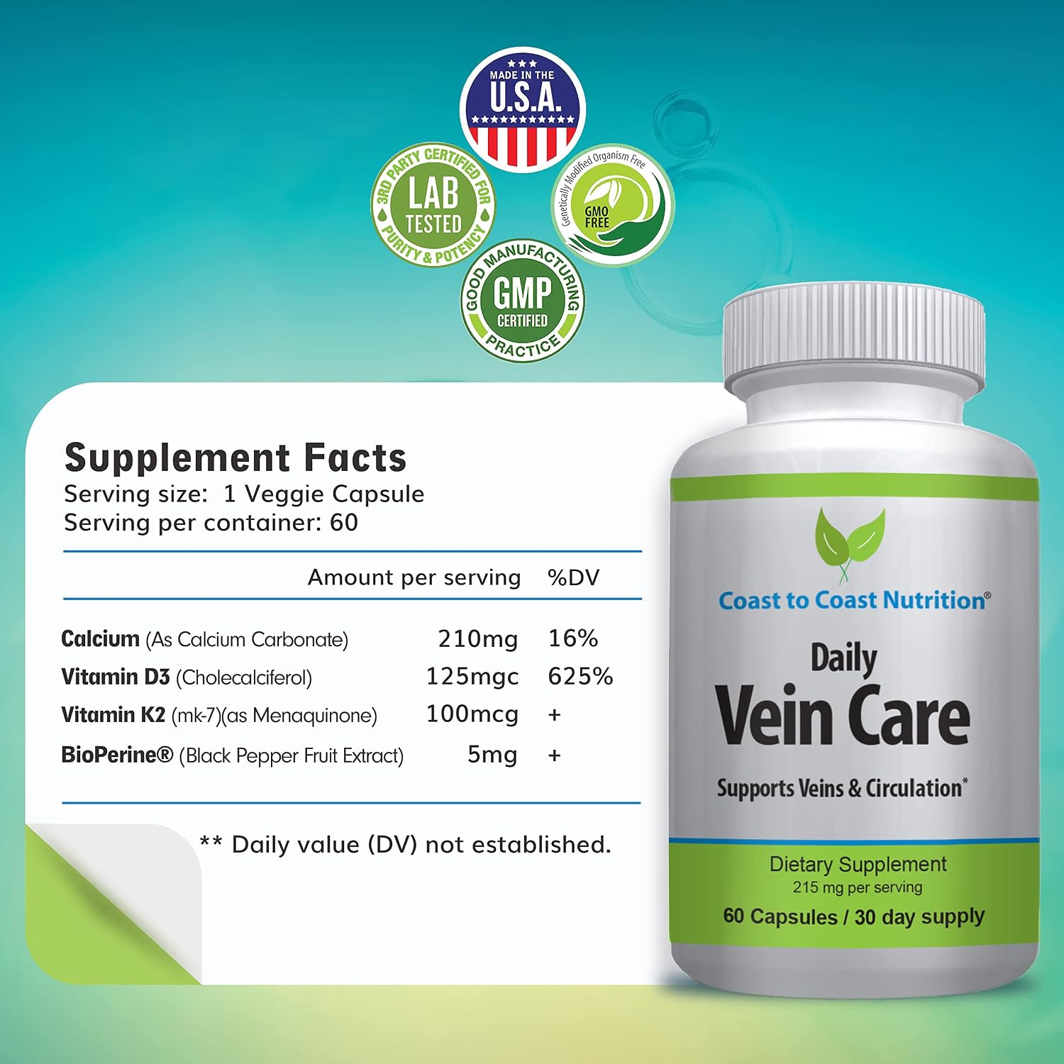 Daily Vein Care Supplement — Circulation Formula with Calcium, Vitamin D3, Vitamin K2 & BioPerine (60 Capsules) - görsel 6