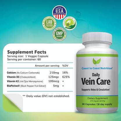 Daily Vein Care Supplement — Circulation Formula with Calcium, Vitamin D3, Vitamin K2 & BioPerine (60 Capsules)