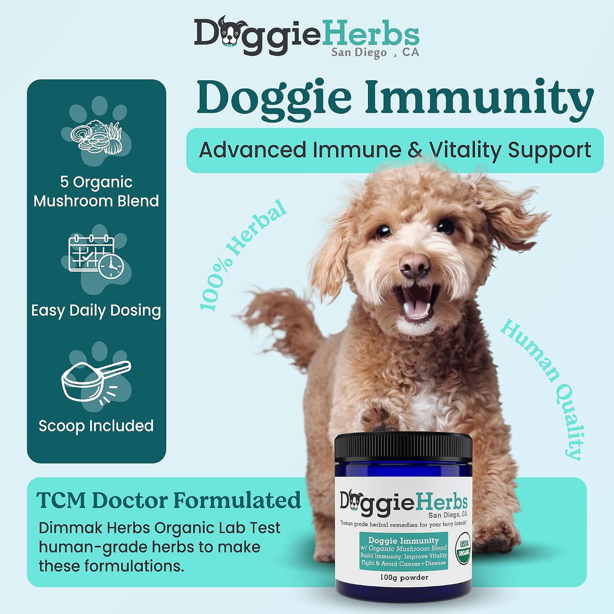 Doggie Herbs High Potency Immune Support – Critical Care Formula with Turkey Tail, Reishi & TCM Mushrooms + Herbs – Doctor Formulated Powder for Recovery, Vitality & Cellular Health 100g - görsel 2
