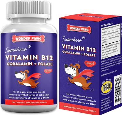 Wonder Paws B12 Supplement for Dogs – Vitamin B-12 for All Ages, Sizes and Breeds – Methylcobalamin, Cobalamin and Folate (5-MTHF) – 90 Beef Flavoured Chewables