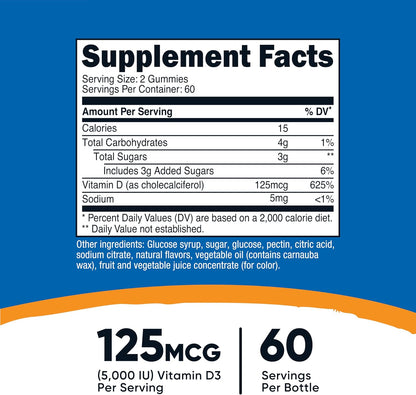 Nutricost Vitamin D3 Gummies 5,000 IU (125 mcg), 120 Gummies - Mixed Berry Flavour, 60 Servings