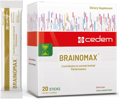 CEDEM Switzerland BRAINOMAX 20 Powder Sticks, Brain Booster Supplement, Cherry-Vanilla Flavour with Citicoline, N-Acetyl-L-Carnitine, Nootropic Brain Supplements for Memory and Focus, Cognitive Support