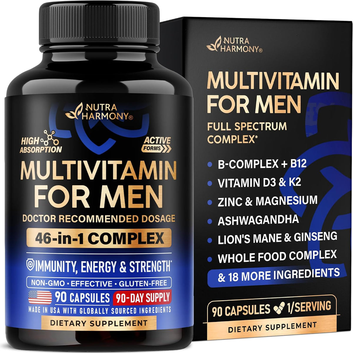 Multivitamin for Men - 46-in-1 with B-Complex & Whole Food Blend - Energy, Focus and Brain Health - 90 Capsules - görsel 1