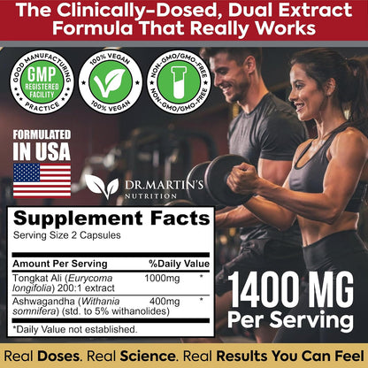 DR. MARTIN'S NUTRITION Tongkat Ali 200:1 Extract + Ashwagandha 5% Withanolides, Dual-Adaptogen Support, 120 Capsules