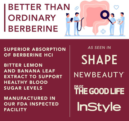 Berberine Supplement - 10x Higher Absorption Berberine HCl Complex with Bitter Lemon and Banaba Leaf - 60 Capsules, Non-GMO