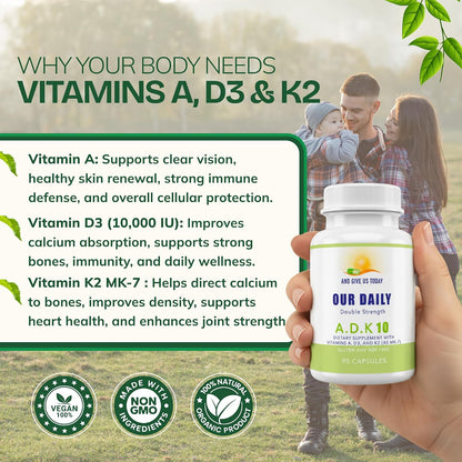 Daily Vites ADK 10 - High Potency Vitamin A, D3 10,000 IU & K2 (MK-7) - Doctor Formulated - Non-GMO, Gluten-Free - 90 Capsules