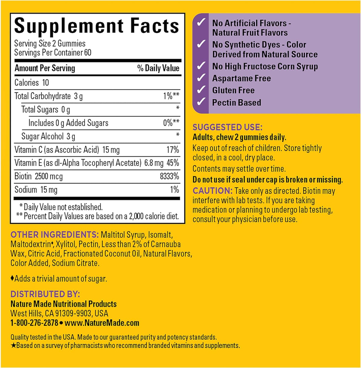 Nature Made Sugar Free Hair, Skin & Nails Gummies, Biotin 2500 µg per Serving, 120 Sugar Free Gummies, 60 Day Supply - görsel 8