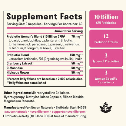 3-in-1 Women's Probiotic - 60 Capsules - 12 Unique Strains, Prebiotics, D-Mannose & Cranberry for Digestive, Vaginal & Immune Health