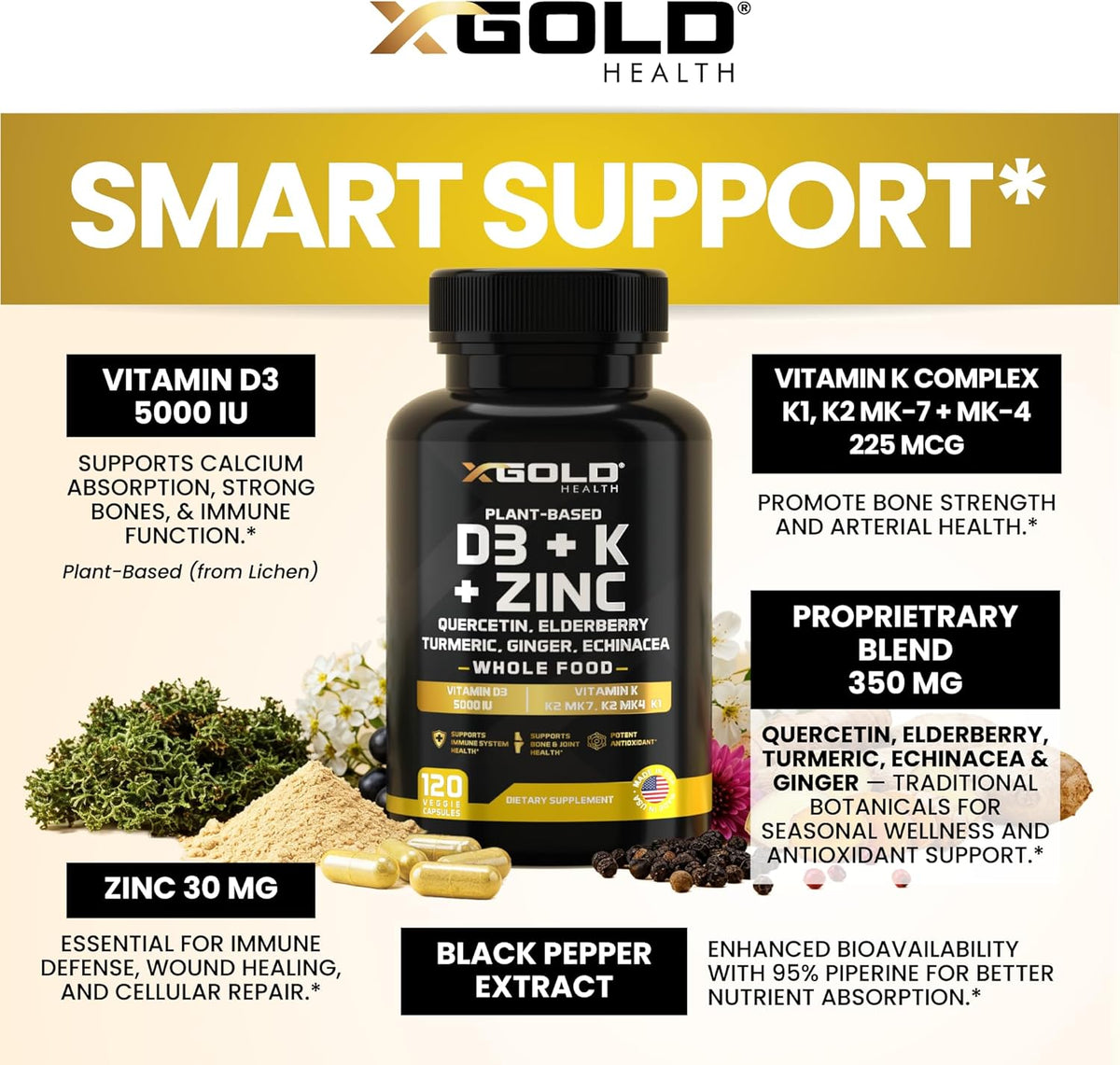 X Gold Health 8-in-1 Vitamin D3 and K2 Complex with Zinc, Quercetin and Elderberry - 120 Capsules - görsel 3