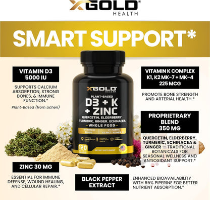 X Gold Health 8-in-1 Vitamin D3 and K2 Complex with Zinc, Quercetin and Elderberry - 120 Capsules