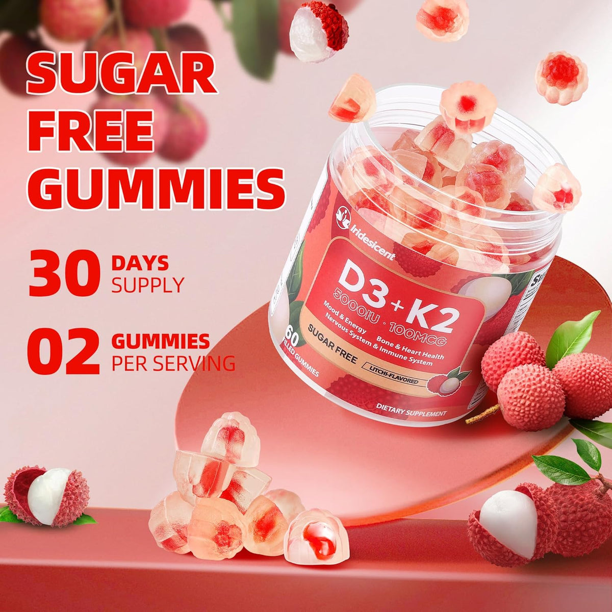 IRIDESICENT Vitamin D3 K2 Gummies - Sugar Free, Vegan, 5,000 IU D3 + 100 mcg K2 (MK-7) for Bone & Immune Support, Lychee Flavour (60 Count) - görsel 5
