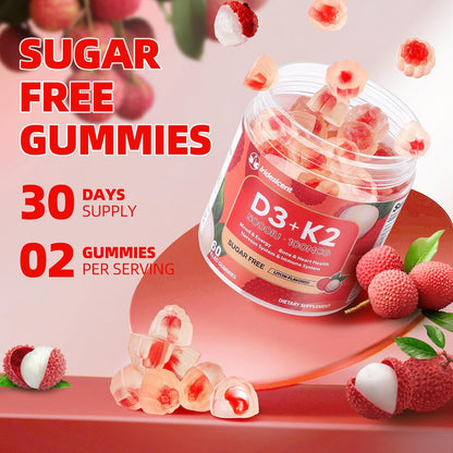 IRIDESICENT Vitamin D3 K2 Gummies - Sugar Free, Vegan, 5,000 IU D3 + 100 mcg K2 (MK-7) for Bone & Immune Support, Lychee Flavour (60 Count)