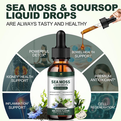 Irish Sea Moss Drops - Organic Sea Moss Liquid with Black Seed Oil, Ashwagandha & Burdock Root | Multimineral Supplement | Non-GMO, 59ml