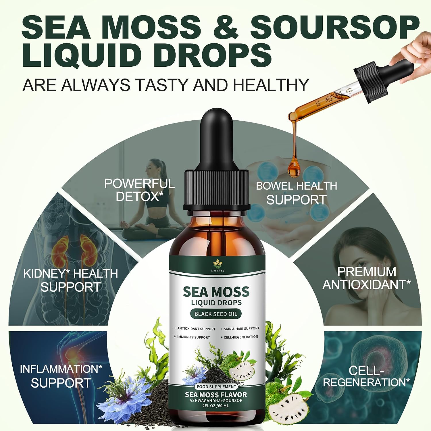 (2 Pack) Sea Moss Liquid Drops with Black Seed Oil, Soursop Bitters, and Irish Seaweed Gel - görsel 3