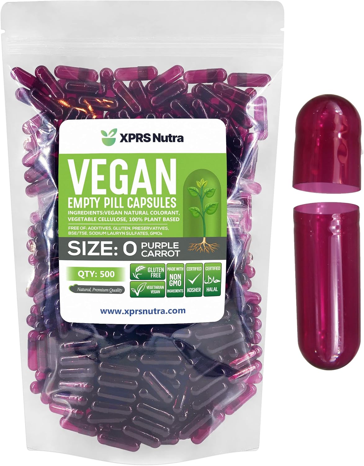 XPRS Nutra Size 0 Empty Vegan Capsules (Purple Carrot) – 500 Capsules - görsel 1