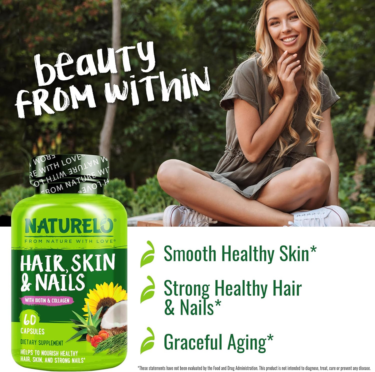 NATURELO Hair, Skin and Nails Vitamins - 5000 mcg Biotin, Collagen, Natural Vitamin E - 60 Capsules - görsel 4
