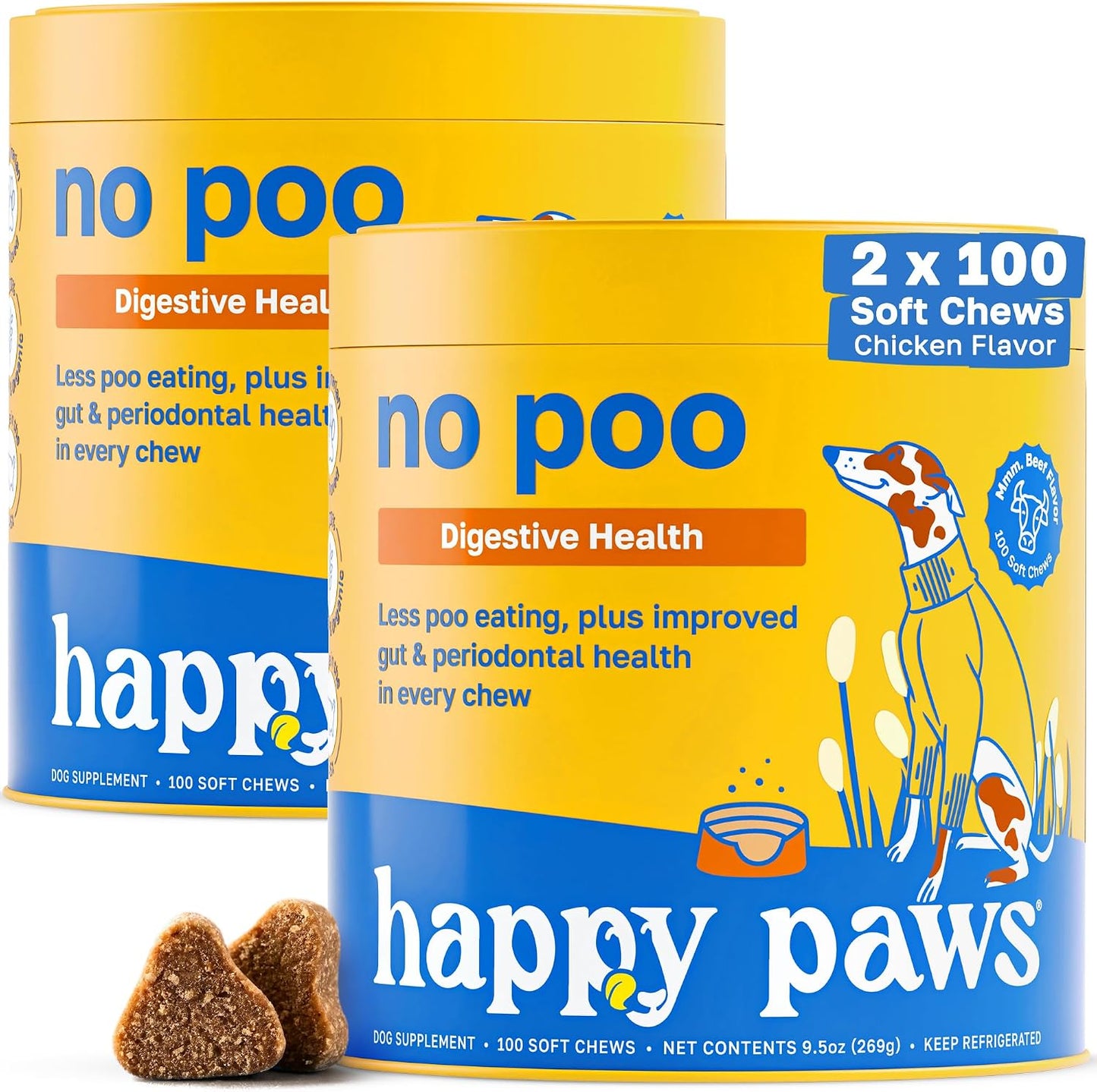 Happy Paws No Poo Chews for Dogs - Coprophagia Deterrent with Probiotics, Pumpkin & Enzymes - Beef Flavour, 200 Count - görsel 1