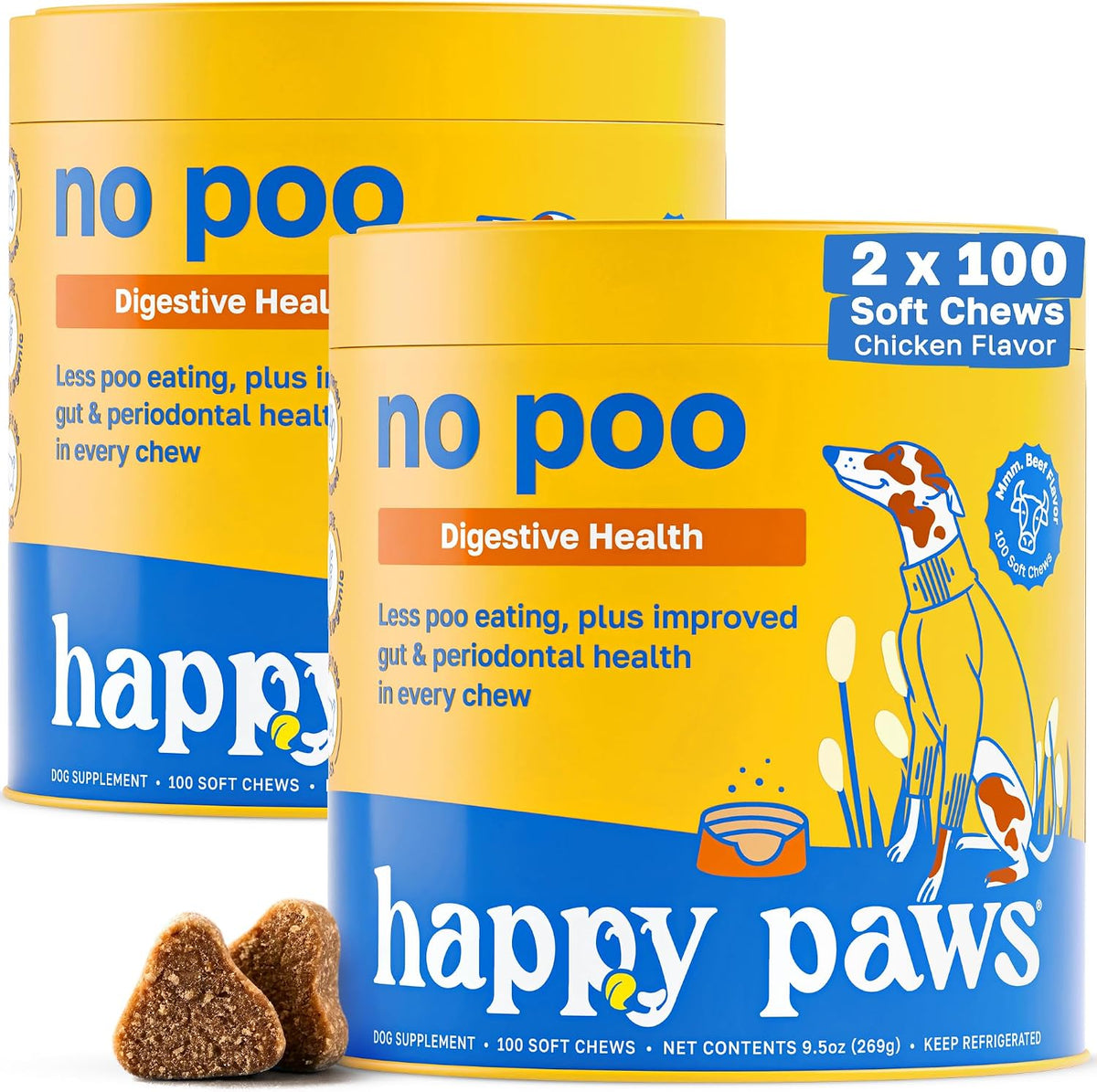 Happy Paws No Poo Chews for Dogs - Coprophagia Deterrent with Probiotics, Pumpkin & Enzymes - Beef Flavour, 200 Count - görsel 1