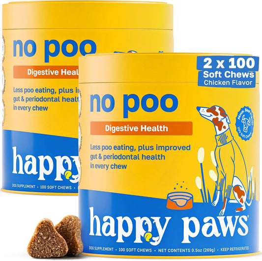 Happy Paws No Poo Chews for Dogs - Coprophagia Deterrent with Probiotics, Pumpkin & Enzymes - Beef Flavour, 200 Count