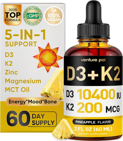 5-in-1 Vitamin D3 K2 Drops with Magnesium and Zinc – 10000 IU D3 & 200mcg K2 MK-7, Liquid Supplement, 60 ml (2 fl oz) – 60-Day Supply