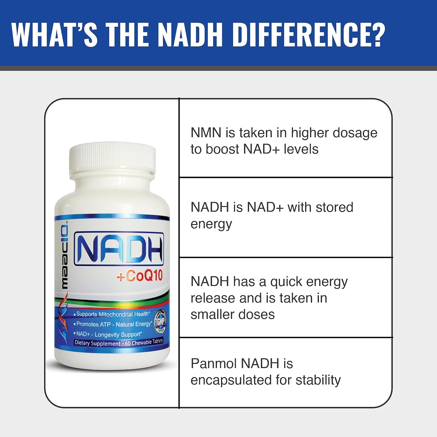 MAAC10 NADH + CoQ10 Supplement - Chewable Tablets, 50mg PANMOL® NADH + 100mg CoQ10, for Energy and Mental Focus - görsel 5