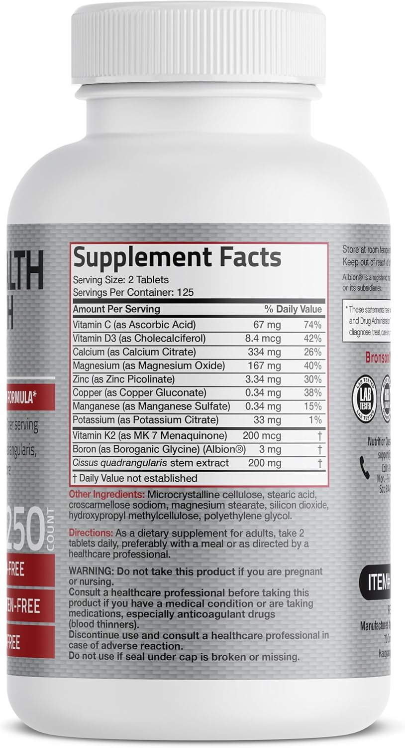 Bronson Bone Health & Strength Complex - High Potency Formula with Vitamin K2 MK-7, Calcium, Magnesium, Vitamin D3, Boron, Cissus Quadrangularis - Non-GMO, 250 Tablets - görsel 2