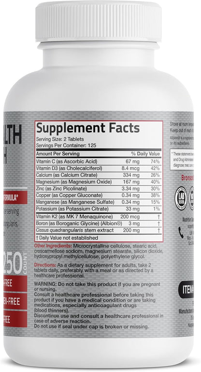 Bronson Bone Health & Strength Complex - High Potency Formula with Vitamin K2 MK-7, Calcium, Magnesium, Vitamin D3, Boron, Cissus Quadrangularis - Non-GMO, 250 Tablets