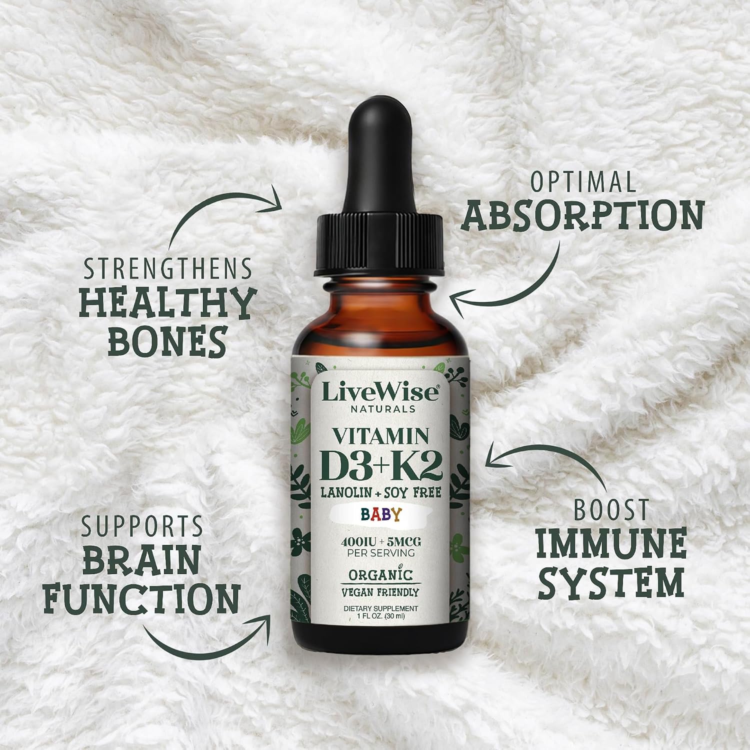 Live Wise Naturals Organic Vitamin D3 K2 Liquid Drops for Infants - 225 Servings - görsel 4