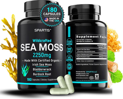 Certified Organic Sea Moss Capsules 2250mg – Wildcrafted Irish Sea Moss, Burdock Root & Bladderwrack Supplement (180 Capsules)